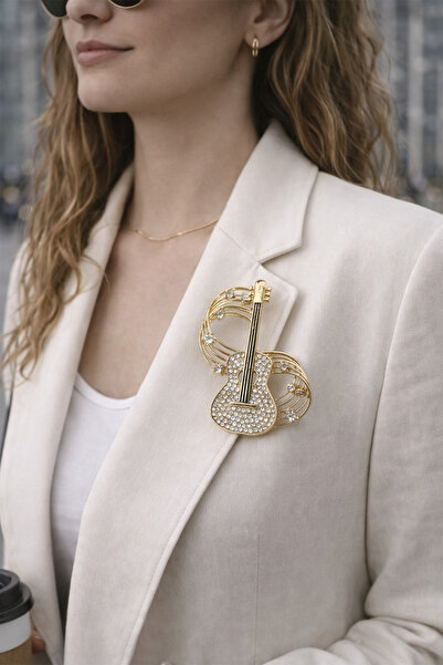 Modex Altın Rengi Taş İşlemeli Gitar Broş (5cm)