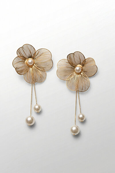 FiveStudio Telkari Görünümlü İncili Çiçek Tasarım Sallantılı Küpe Gold Kaplam...