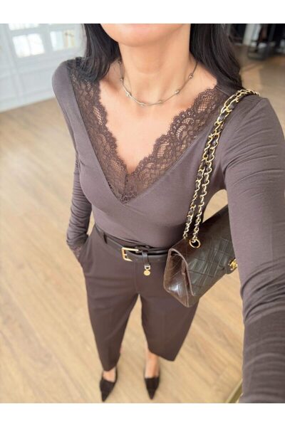 TLG GİYİM Women's V-Neck Transparent Lace Detail Cashmere Ultra Light Blouse