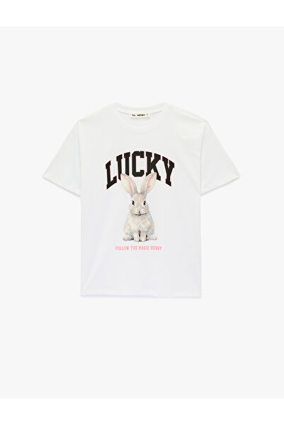 Koton Cotton Short Sleeve Crew Neck Rabbit Printed Oversized T-Shirt