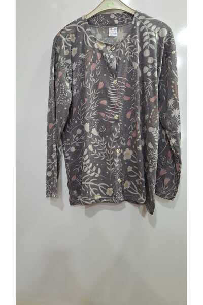 NUR TEKSTİL kadın anne penye önden düğmeli çiçek desenli uzun kol bluz,