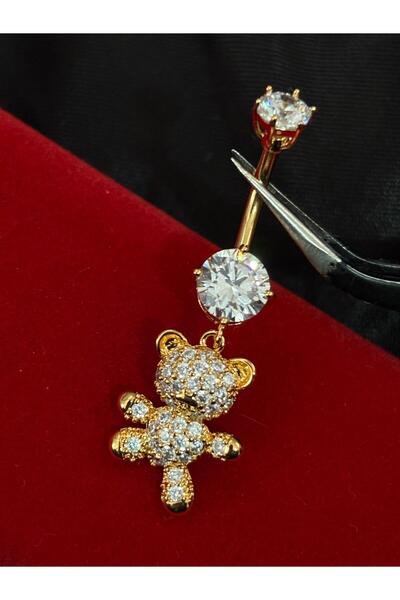 olvera shine 316L Cerrahi Çelik Zirkon Taşlı Teddy Figürlü Göbek Piercing Gold