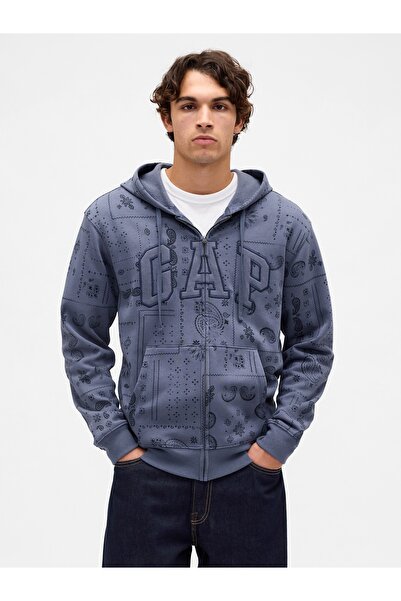 GAP Erkek Gri Relaxed Logo Kamuflaj Fermuarlı Sweatshirt