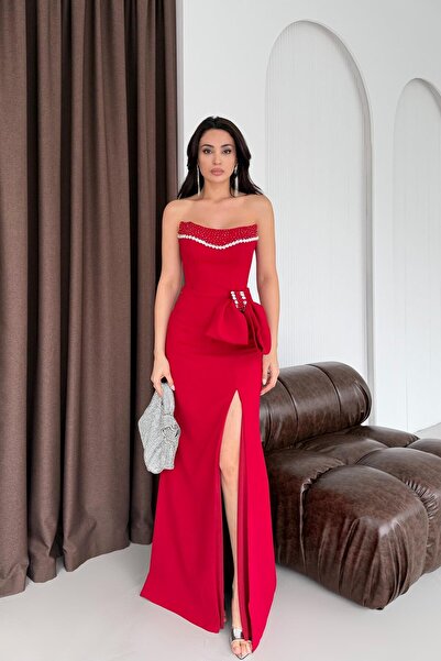 Serica Moda Red Stone Embellished Bow Detailed Y Slit Evening Dress