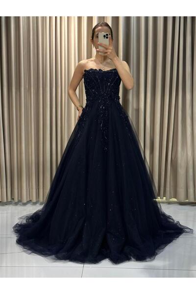 Kaleiçi Yıldızlar Lacivert Üç Boyutlu İşlemeli Nişanlık Abiye Elbise |