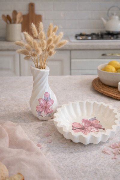 Şah Object Dekoratif Vazo ve Tabak Seti – Dekopaj Çiçek Tasarımlı Polyester E...