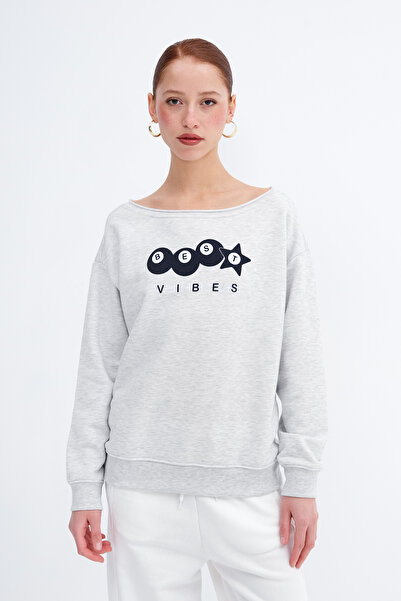 Addax Kayık Yaka Printed Sweatshirt S10634