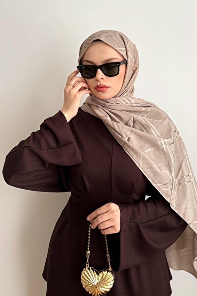 poplin BEJ JAKARLI GEOMETRİK DESEN MOM ŞAL