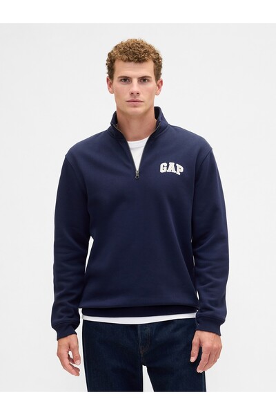 GAP Erkek Lacivert Relaxed Logo Yarım Fermuarlı Sweatshirt