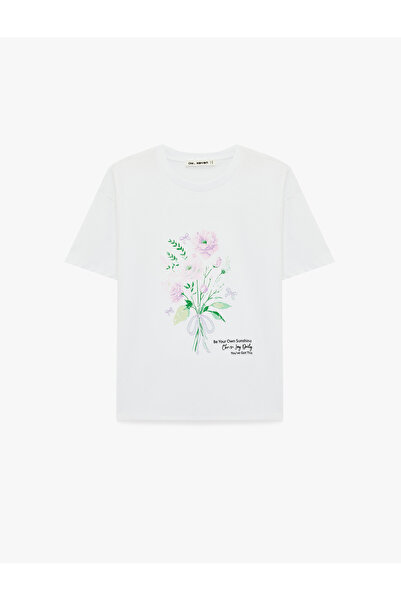 Koton Μπλουζάκι με κοντό μανίκι με λαιμόκοψη από βαμβακερό λουλούδι με τύπωμα...