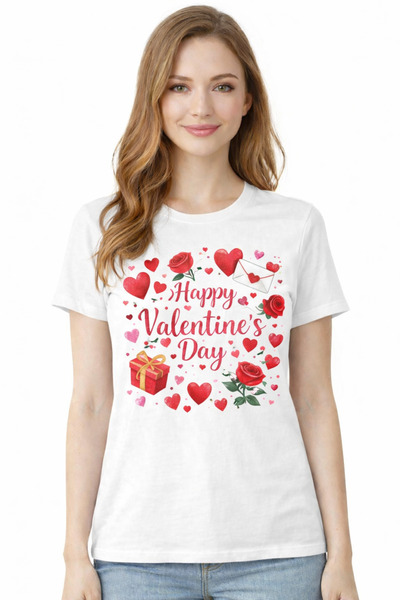 herkesemoda Happy Valentines Day Print Detailed Basic T-Shirt