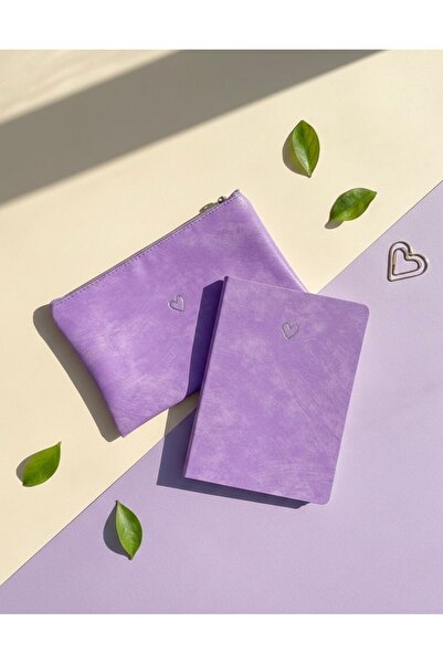 Lizy Kalp Baskılı Özel Set | Esnek Suni Deri Kapaklı Not Defteri & Makyaj Çan...