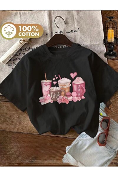 herkesemoda Love Cups Print Detailed Basic T-Shirt