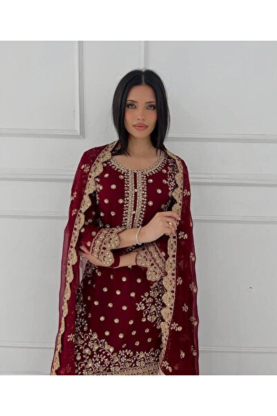 MY Mysmar Maroon Faux Georgette Salwar Kameez Dupatta - HRT5926 | Maroon