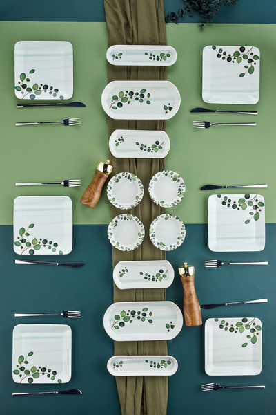 ers erbaşlar Okaliptüs Yeşil 16 Parça 6 Kişilik Lüx Kare Kahvaltı Takımı, Kah...