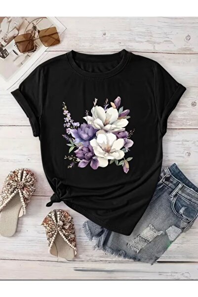 herkesemoda Βασικό T-Shirt με λεπτομέρεια στάμπας λουλουδιών