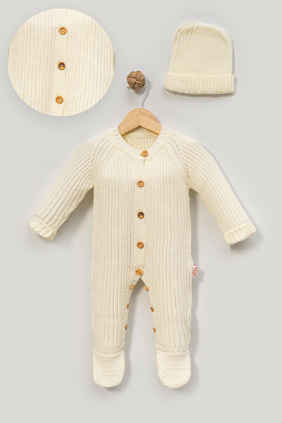 Riffy Baby Unisex Bebek Örme Triko Düğme Detaylı Şapkalı Triko Yenidoğan Tulu...