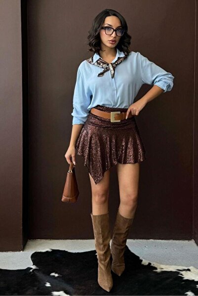 CKM MODA Taina sequin asymmetrical mini skirt - coffee