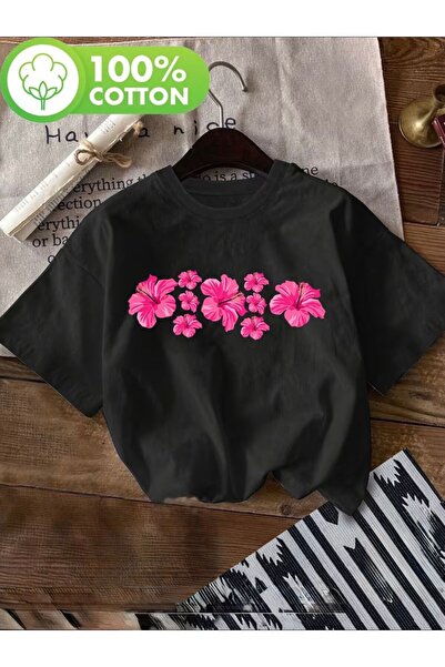 herkesemoda Basic T-Shirt with Pink Flowers Print Detail