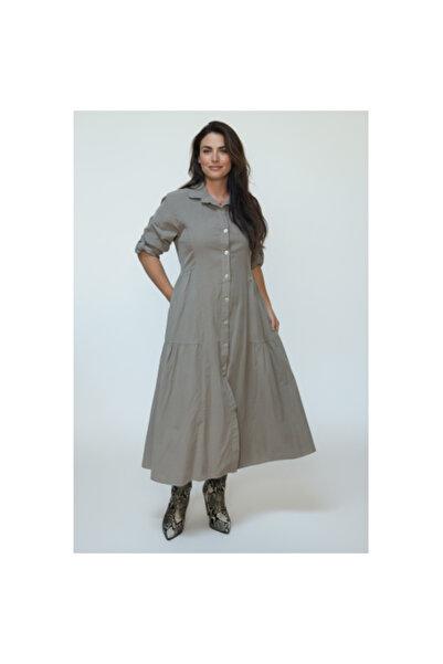 FeteRL Shirt-style Velvet Dress with Ruffles, Light Gray