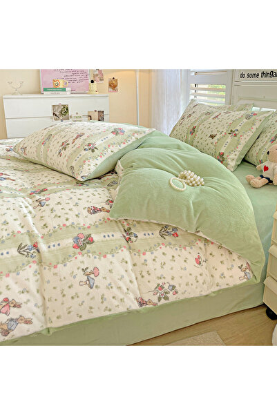 FIONNA.RO Cocolino 4-Piece Bed Linen with Elastic - Green with Mushrooms and ...