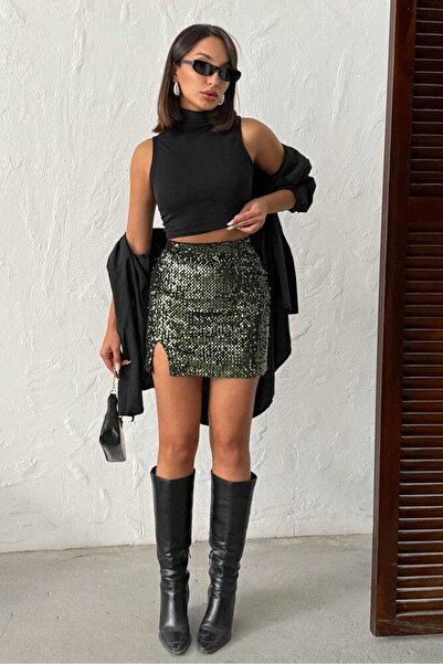 CKM MODA Astra Sparkling Slit Mini Skirt Khaki