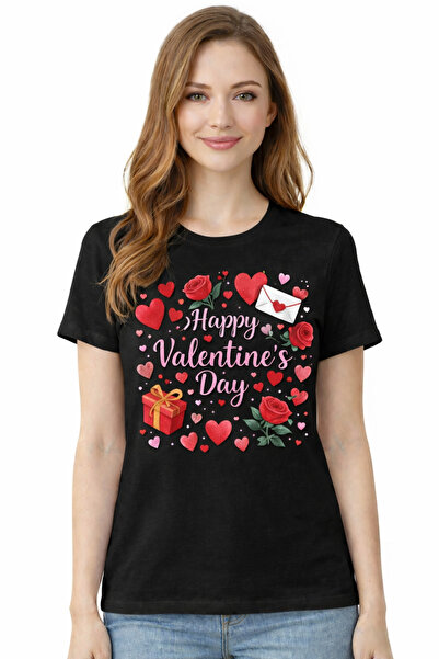 herkesemoda Happy Valentines Day Print Detailed Basic T-Shirt
