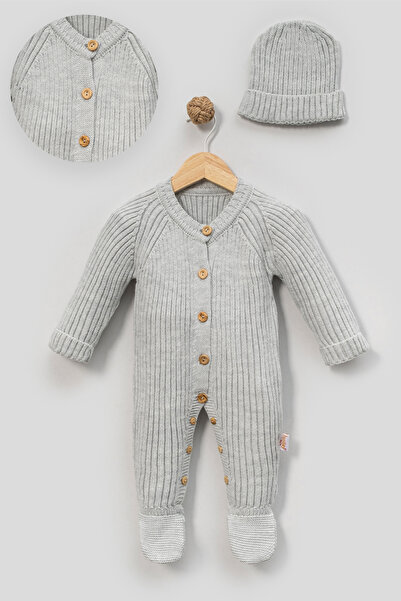 Riffy Baby Unisex Bebek Örme Triko Düğme Detaylı Şapkalı Triko Yenidoğan Tulu...