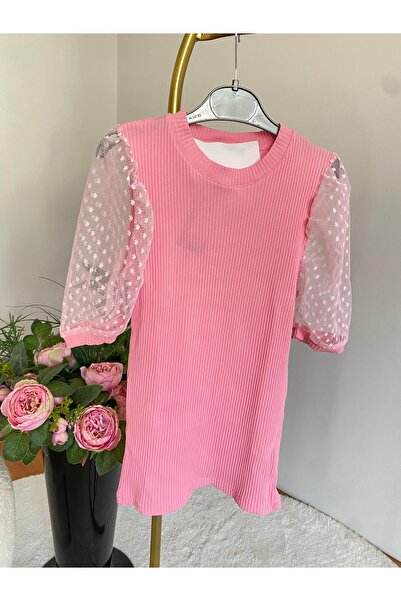 SONGÜLBERİK Girls' Balloon Sleeve (Tulle Detail) Blouse-Pink