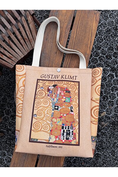 pamukcanta Gustav Klimt Kanvas Bez Çanta Yıkanabilir Metal Çıtçıtlı Cepli