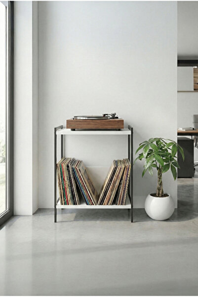 DEQQU Silva 60x45cm Lamine Ahşap Pikap Sehpası, Metal Ayaklı Plaklık ve Moder...