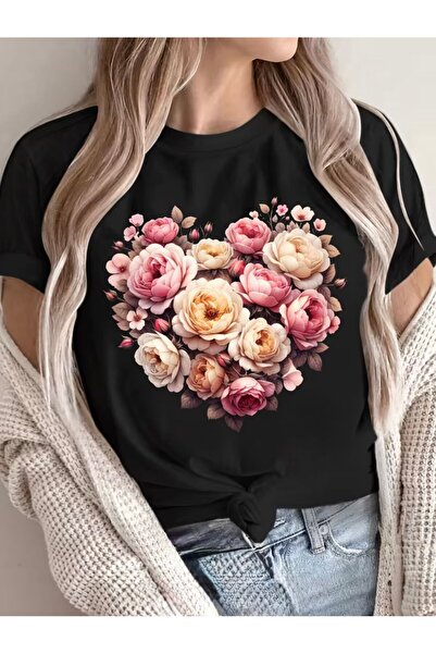 herkesemoda Βασικό T-Shirt με σχέδιο Heart Flowers και λεπτομέρεια εκτύπωσης