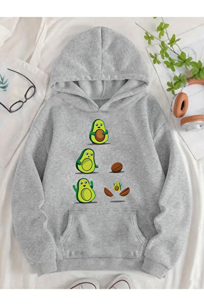 ALEYZA MODA Avokado Printed Hooded Pocket Cotton Beige Sweatshirt