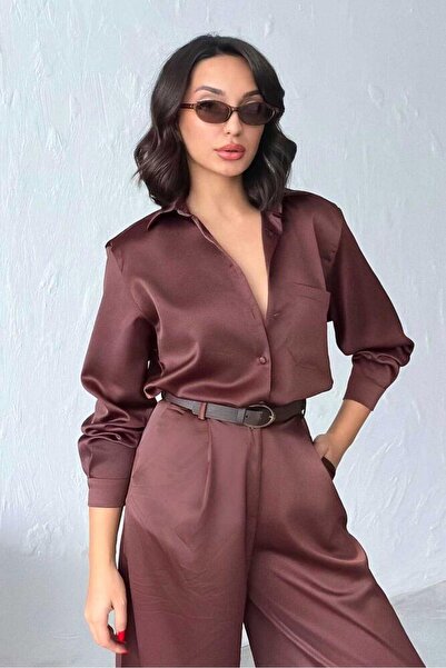 CKM MODA Noir Silk Satin Shirt Coffee