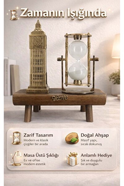 FaroxTech Dekoratif Ahşap Kaideli Big Ben ve Kum Saati Seti - Hediye Seti - M...