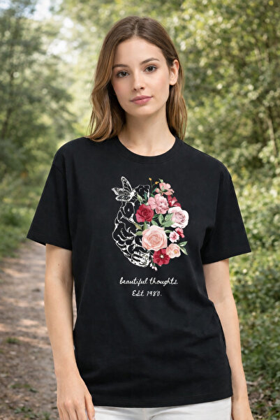 herkesemoda Beautiful Thought Print Detailed Basic T-Shirt