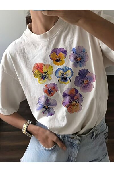 herkesemoda Basic T-Shirt with Purple Flowers Print Detail