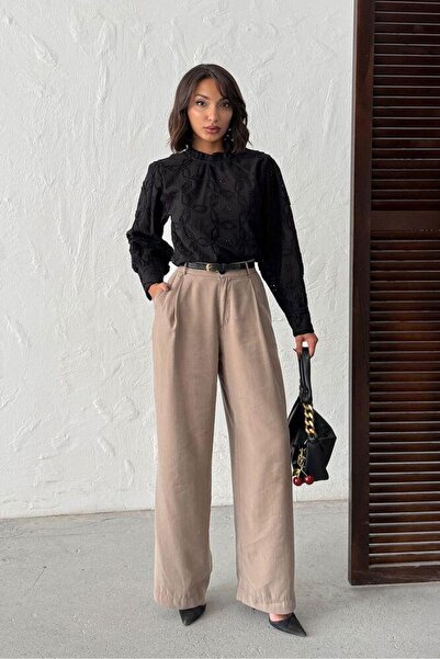 CKM MODA Sofia Embroidered D Mock Neck Women's Blouse Black