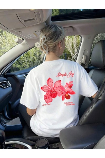 OVER HEAD Tricou supradimensionat cu imprimeu Simple Joy pentru femei