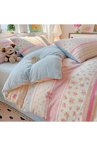 FIONNA.RO Cocolino 4-Piece Bed Linen with Elastic - Blue with Stripes and Bows