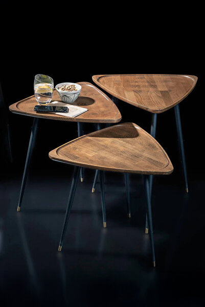 Fawdecor Üçgen Zigon Sehpa Seti 3’lü – Modern Masif Ahşap Orta & Yan Sehpa Ta...