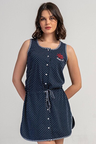 VİENETTA Women's Plus Size Thick Strap Front Buttoned Navy Blue Nightgown Tun...