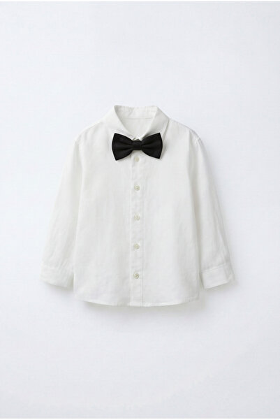 Magu Момчешка памучна бяла ленена риза – включена папийонка, регулируеми ръкави