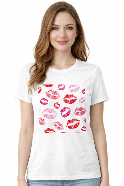 herkesemoda Kiss Pattern Print Detailed Basic T-Shirt