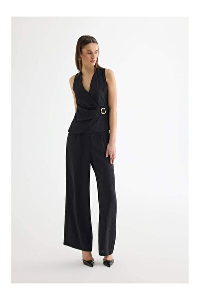 Coral Chain Belted Wrinkled Trousers Pnt01456 Black