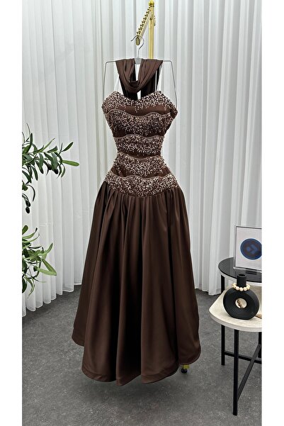 Boutique 219 Long brown dress with hand embroidery