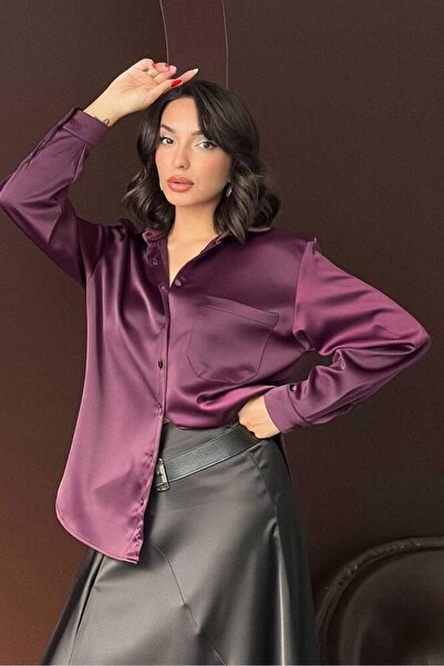 CKM MODA Noir Silk Satin Shirt Plum