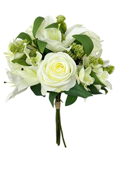 Nettenevime باقة زهور صناعية بيضاء مكونة من 6 فروع من الورد والزنبق وزهور أرا...