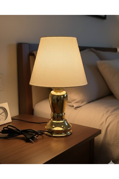 VİALEX Modern Gold Gövdeli Kablolu Abajur Kumaş Başlıklı Masa Lambası