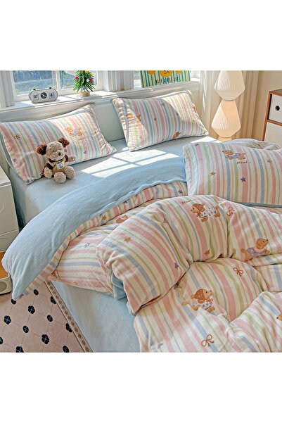 FIONNA.RO Cocolino 4-Piece Bed Linen with Elastic - Blue with Dogs and Stripes